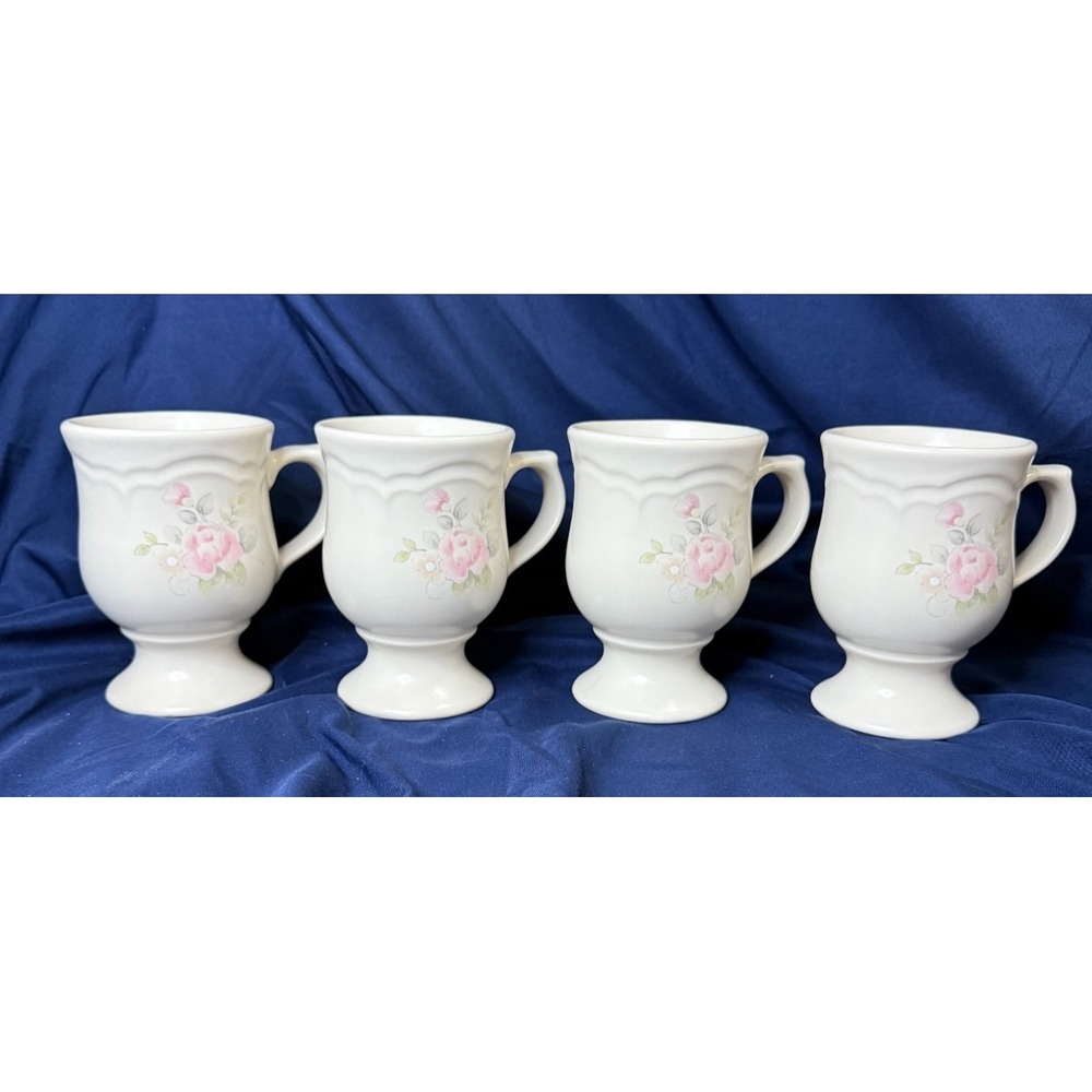 Pfaltzgraff Stoneware Tea Rose Set of 4 Pedestal Footed Coffee Mugs Cups Vintage